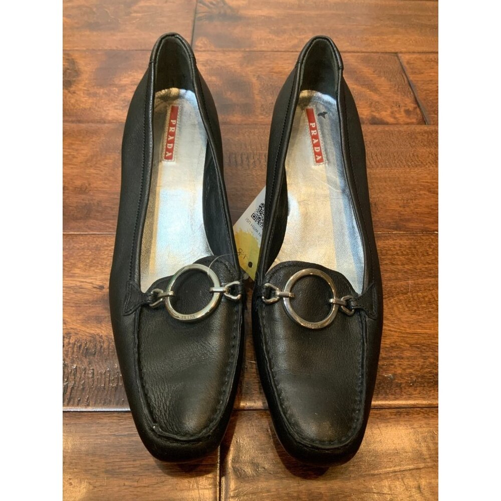 Prada Black Leather Square Toe Silver Ring Kitten Heels, Size 7.5 | 37.5